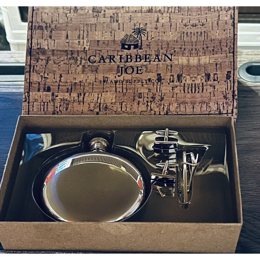Caribbean Joe Metal Flask Metal Cufflinks‎ Metal Tie Clip Set Groomsman Gift Set